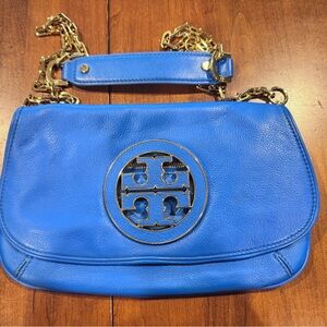 Tory Burch Blue Leather Clutch with Gold Accents